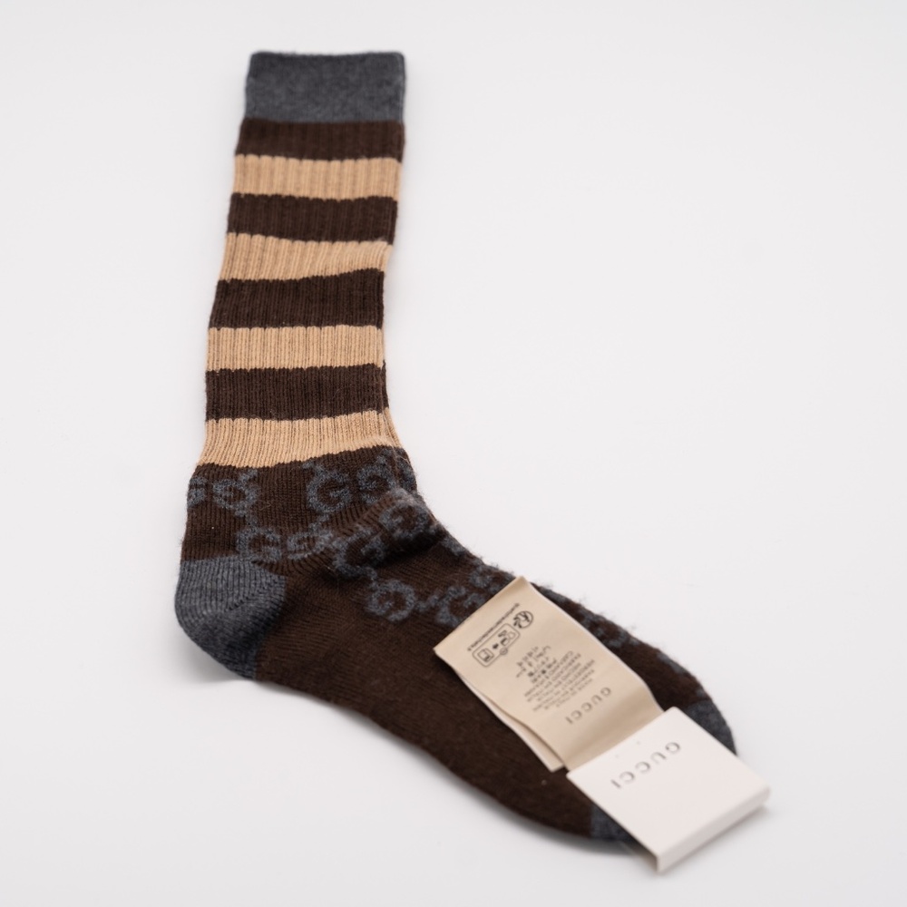 size M Gucci GG Logo  Cotton Blend Long Socks Brown Striped - Picture 2 of 7